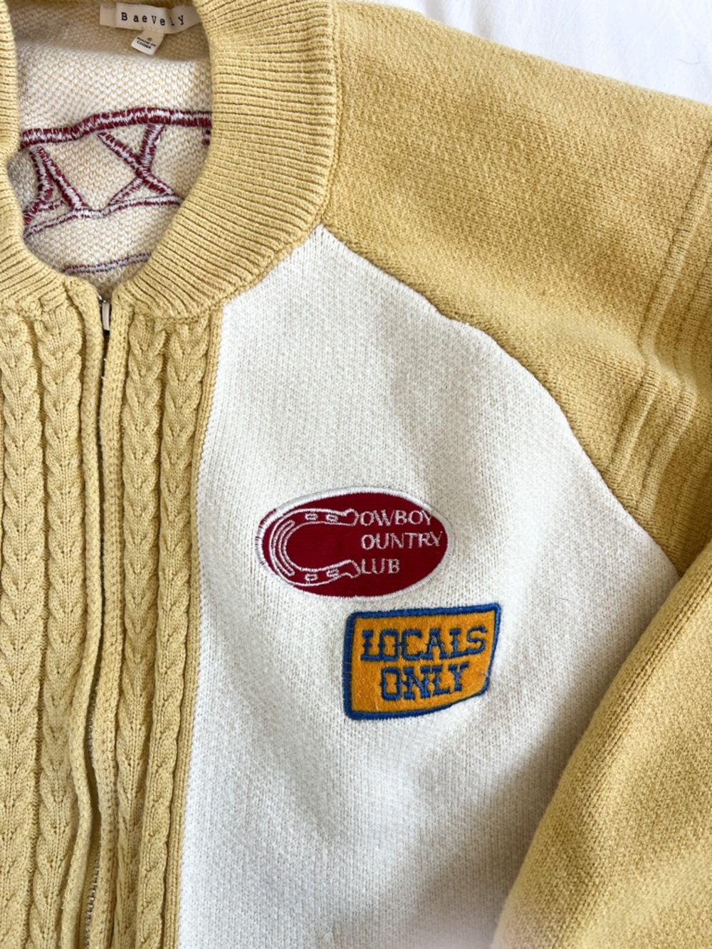 bohme Yellow and Cream Zip-Front Patch Sweater - Picture 10 of 13
